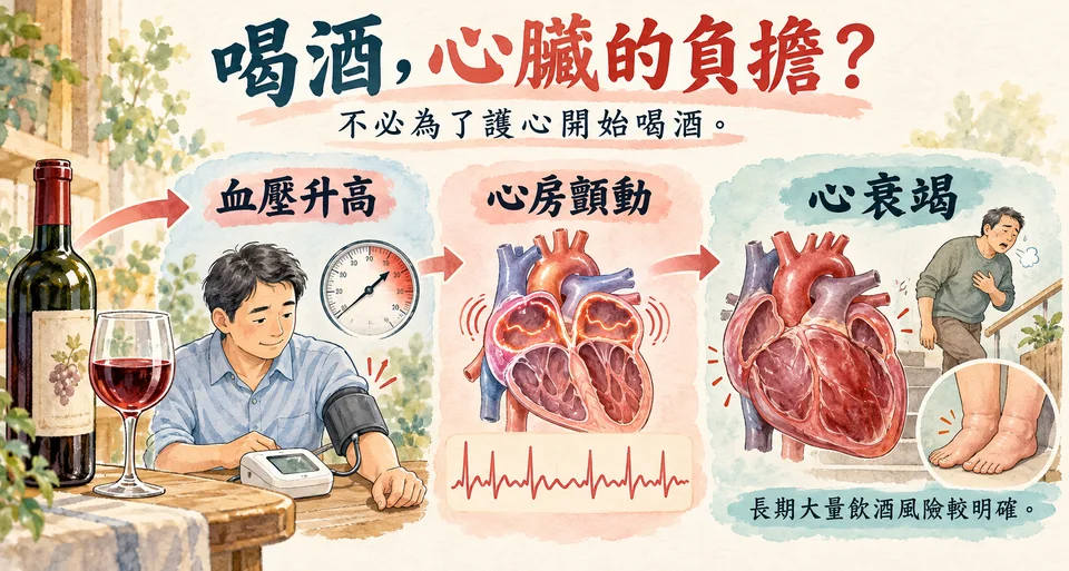喝酒、喝紅酒對心臟好嗎？酒精劑量、血壓、心衰竭與心房顫動的證據整理衛教插圖