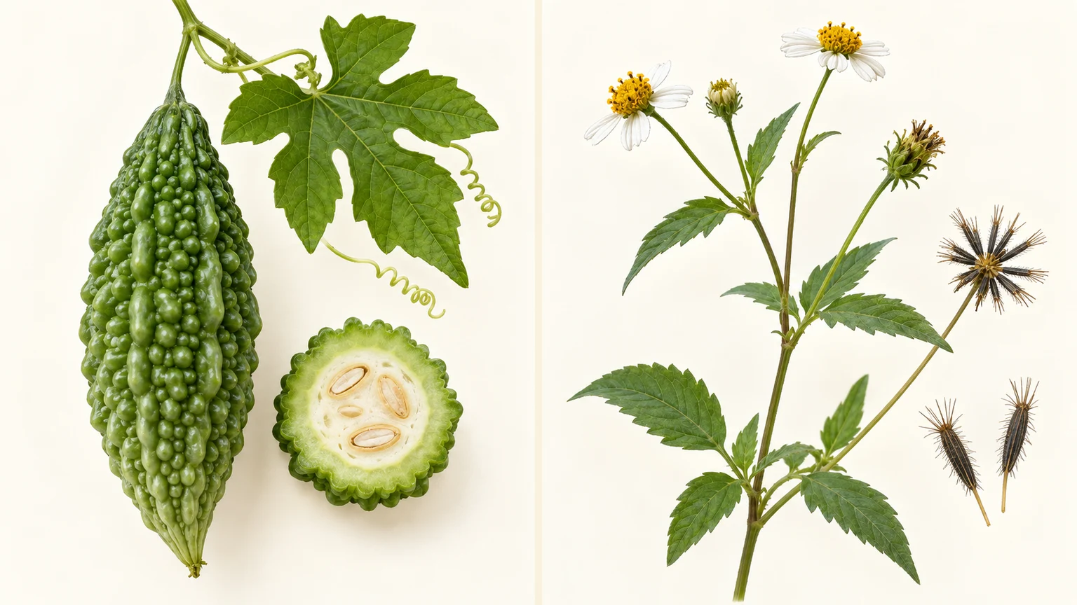 苦瓜果實與鬼針草咸豐草的植物插圖