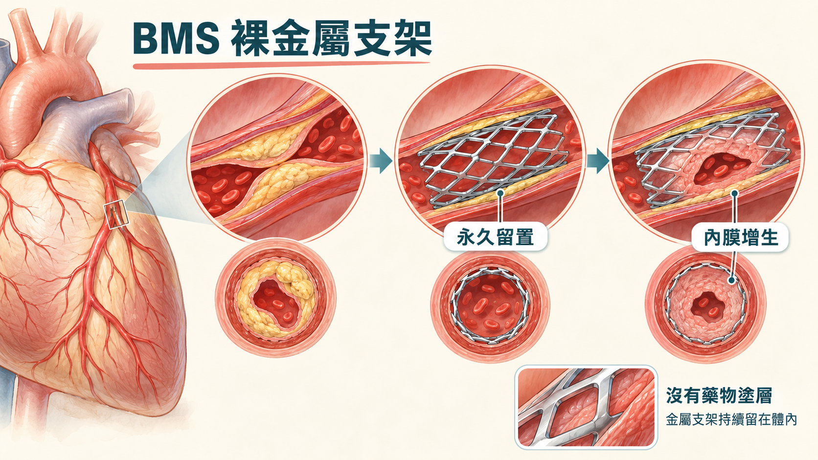 裸金屬支架 BMS 撐開冠狀動脈後永久留置，因沒有藥物塗層可能發生內膜增生與支架內再狹窄