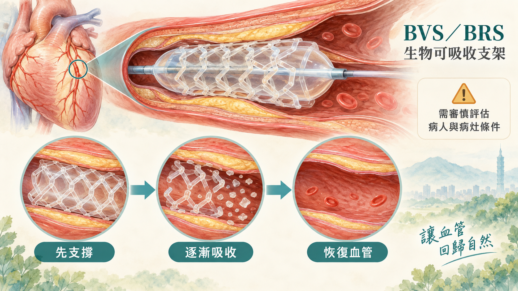 生物可吸收血管支架 BVS 或 BRS 先支撐冠狀動脈，再逐漸分解吸收，最終不留下永久金屬骨架