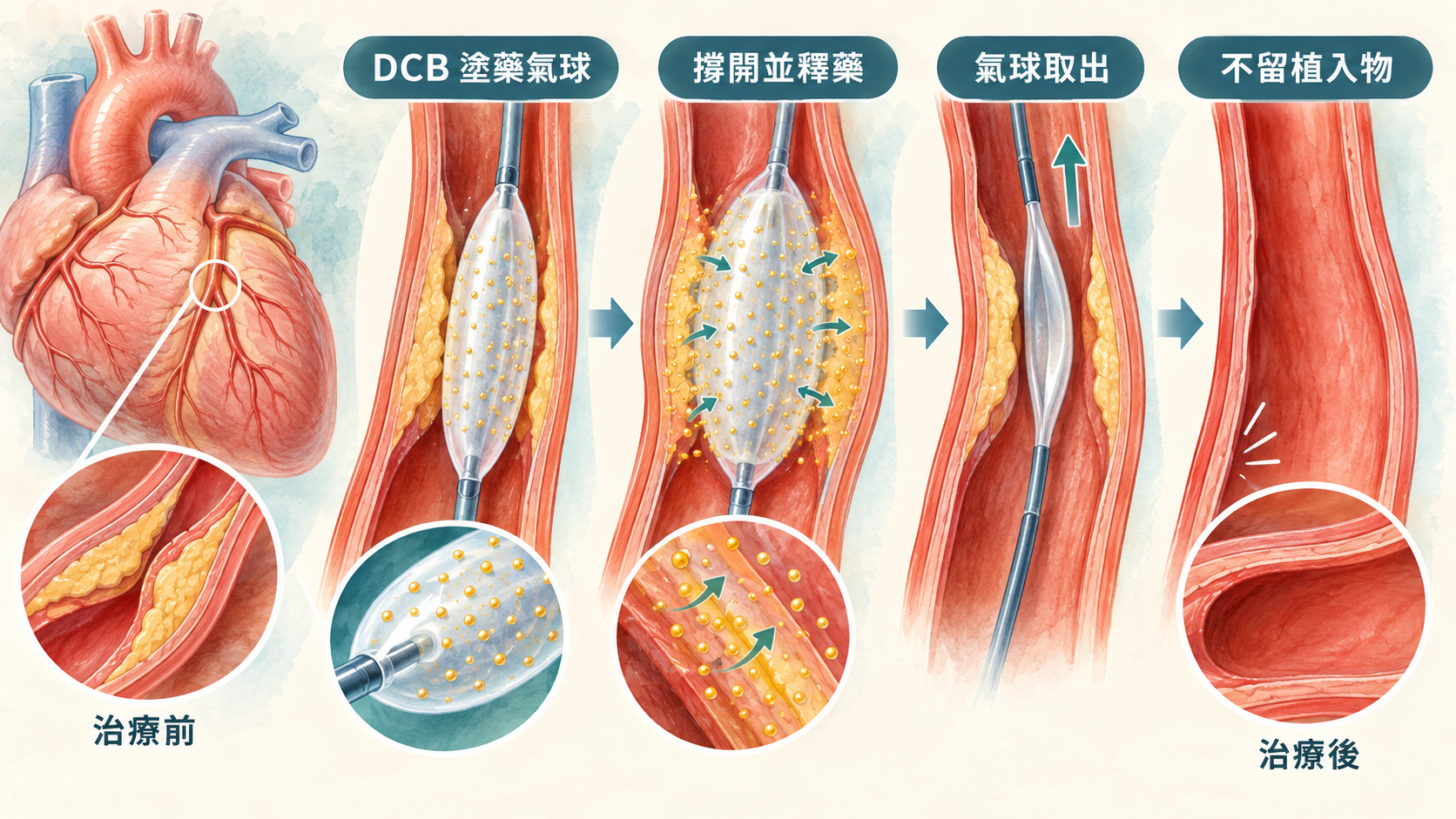 塗藥氣球 DCB 在冠狀動脈狹窄處充氣撐開並把藥物傳至血管壁，隨後取出而不留下支架或氣球