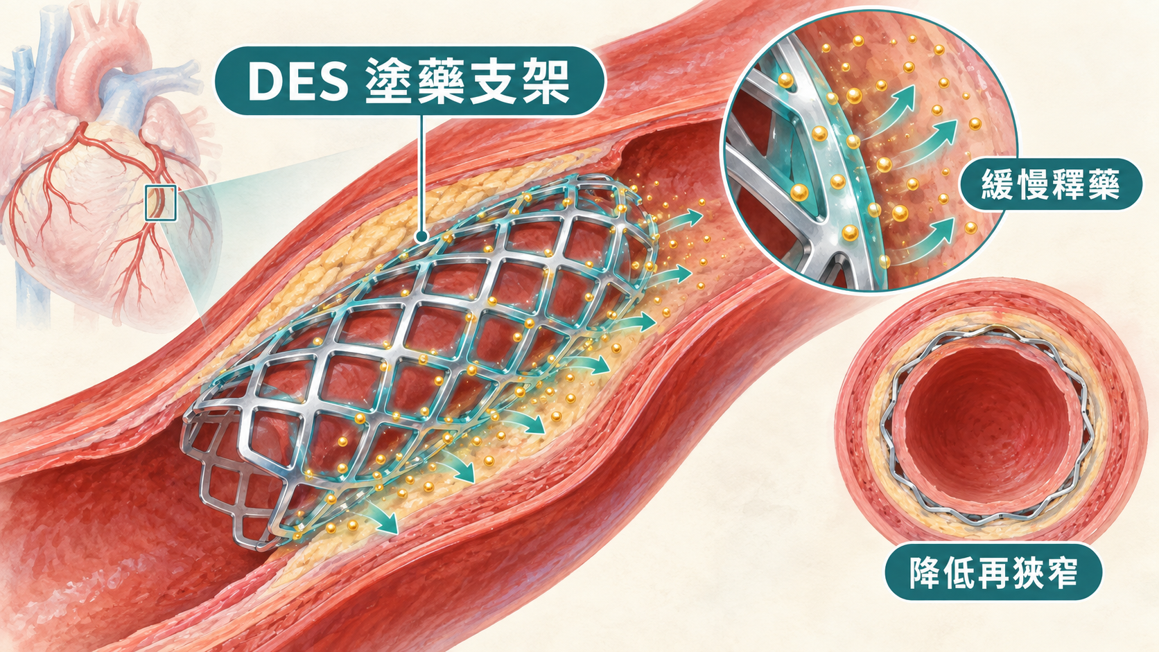 塗藥支架 DES 的金屬網架表面塗層緩慢釋放抗增生藥物，降低冠狀動脈支架內再狹窄