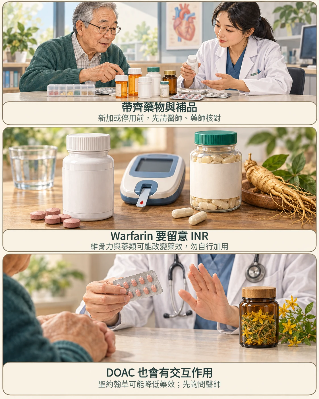 三格衛教漫畫：帶所有藥物與補品給醫師藥師核對；使用 warfarin 者加用維骨力或蔘類須留意 INR；DOAC 也可能與聖約翰草交互作用