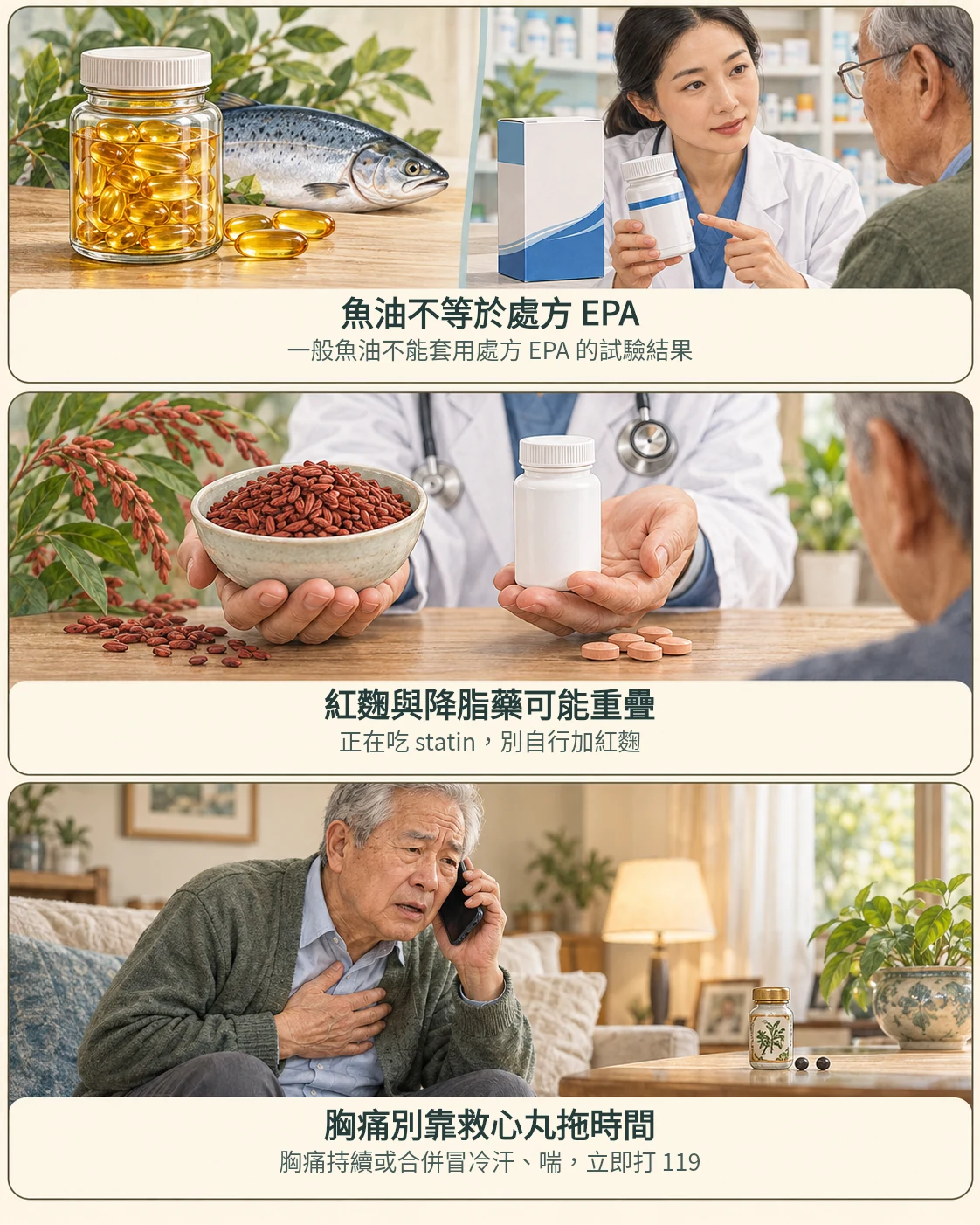 三格衛教漫畫：一般魚油不能套用處方 EPA 的研究結果；紅麴可能與 statin 降脂藥成分重疊；胸痛持續或合併冒冷汗、喘時應立即打 119，不靠救心丸拖延