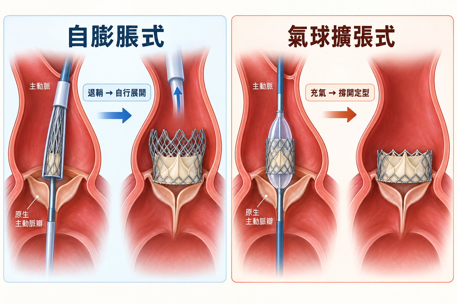 TAVR 自膨脹式瓣膜退鞘後自行展開，與氣球擴張式瓣膜藉氣球充氣撐開的並排示意圖