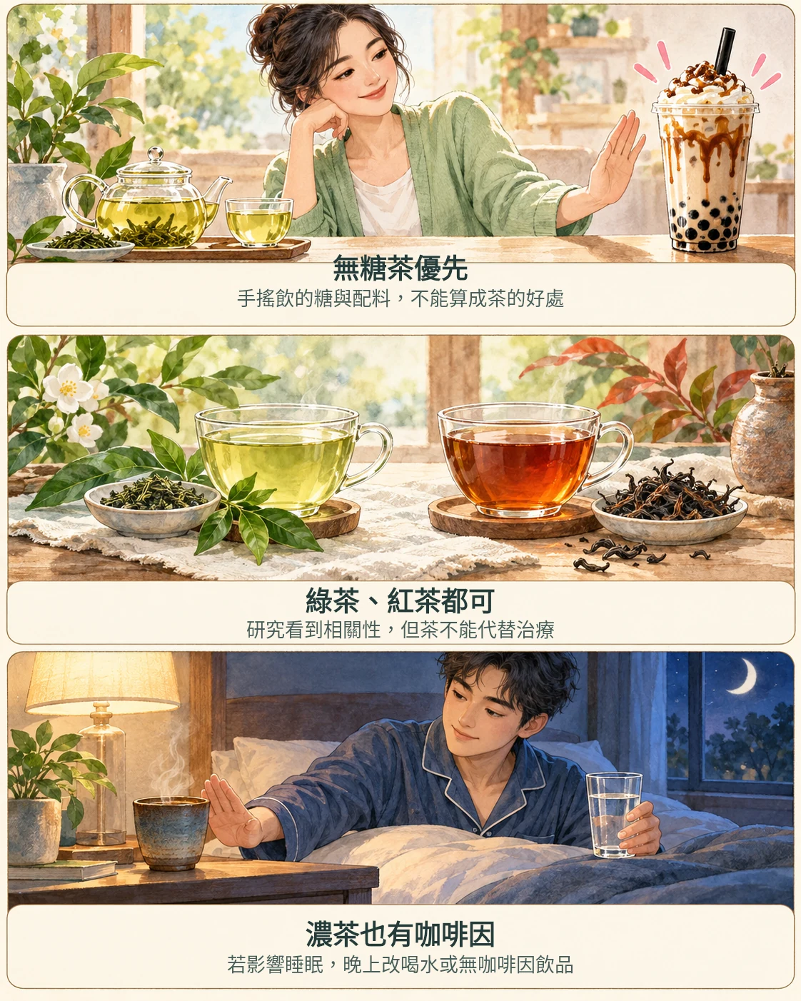 三格茶飲衛教漫畫：優先選無糖茶、綠茶與紅茶都可飲用但不能代替治療、濃茶含咖啡因且晚上喝可能影響睡眠
