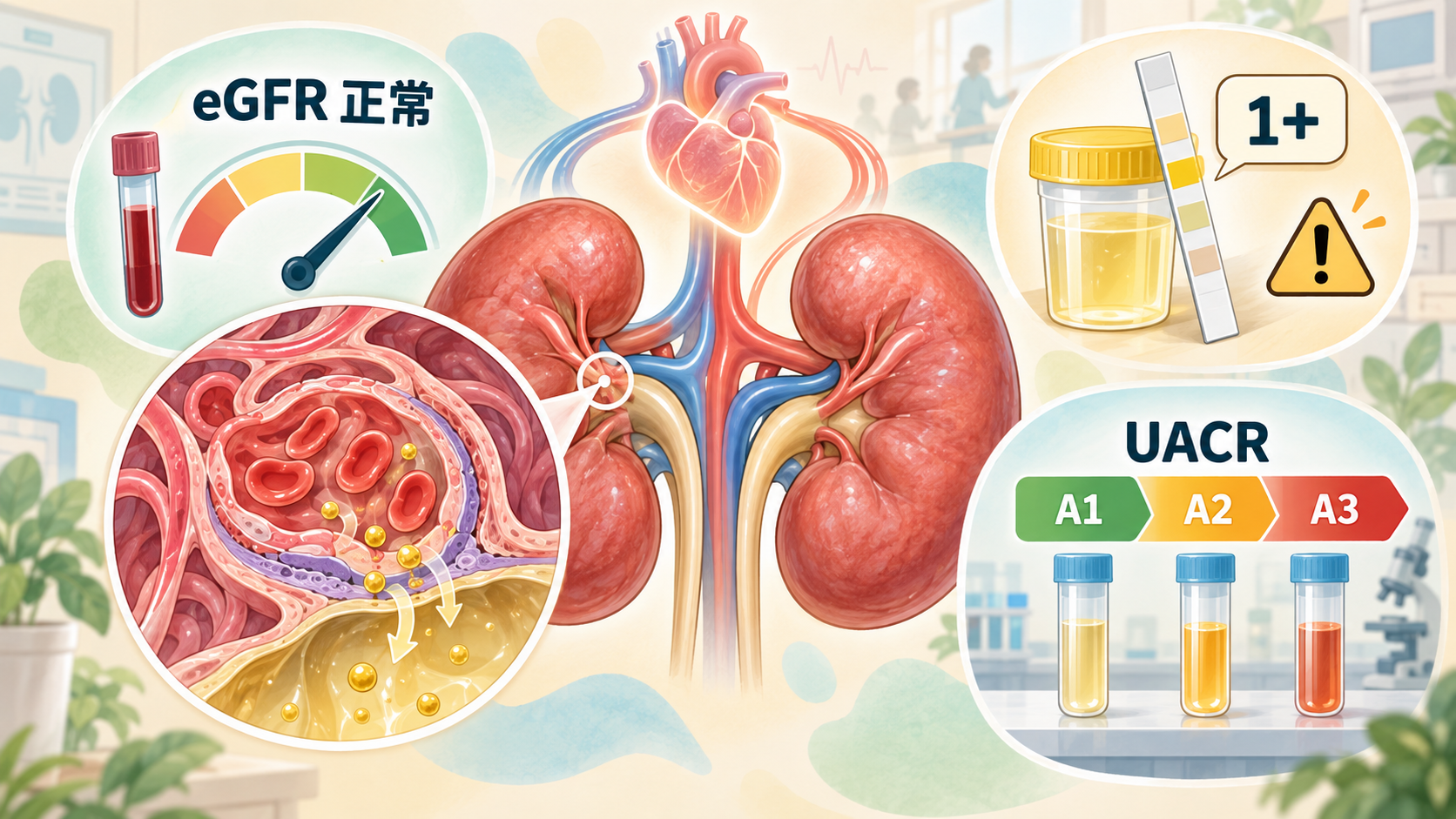 GFR 正常、驗尿只有「1+」就沒事嗎？看懂 UACR、UPCR 與慢性腎臟病分期衛教插圖