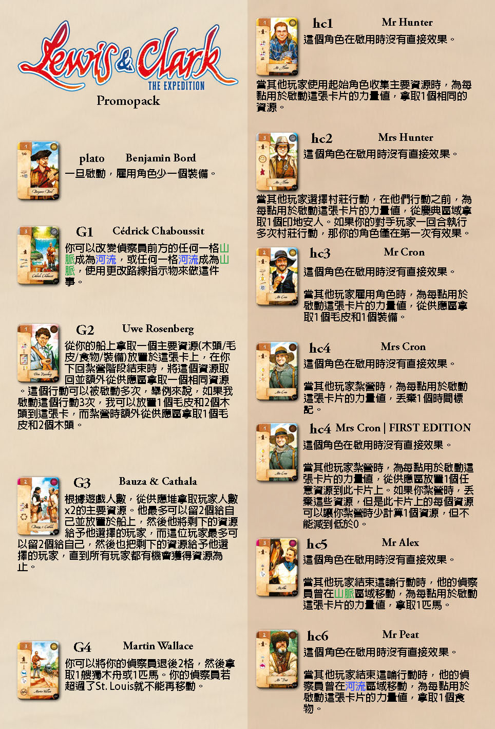 Lewis & Clark The Expedition 2nd Promo 路易斯與克拉克 Promo卡表 Lewis & Clark: Promo Cards (2020) 11張卡表