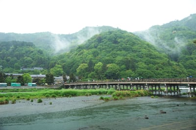 嵐山渡月橋畔的雨後山嵐