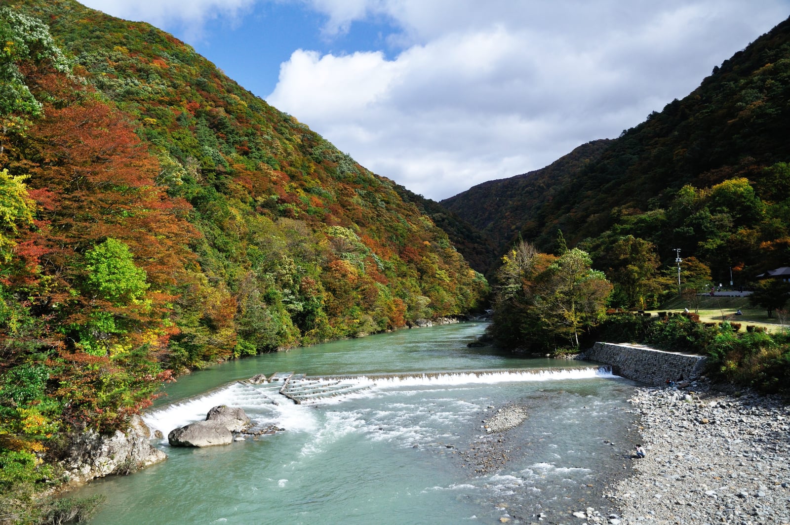 抱返溪谷的秋色山水與湍急河道｜2013/10 日本東北紅葉