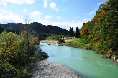 抱返溪谷的碧綠河水與秋日山林
