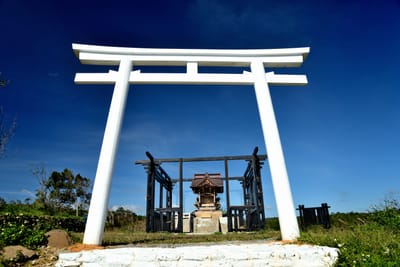 湛藍晴空下矗立的高士神社白色鳥居