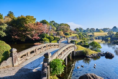 水前寺成趣園的拱橋與秋日庭園