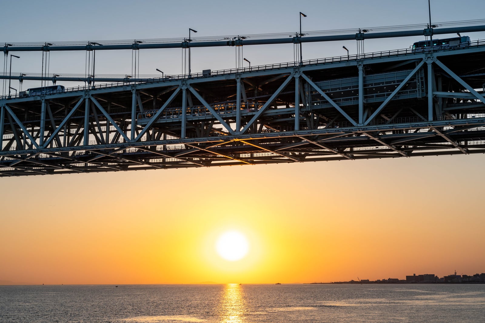 明石海峽大橋的金色夕陽剪影｜2023/04 關西賞櫻/環球影城