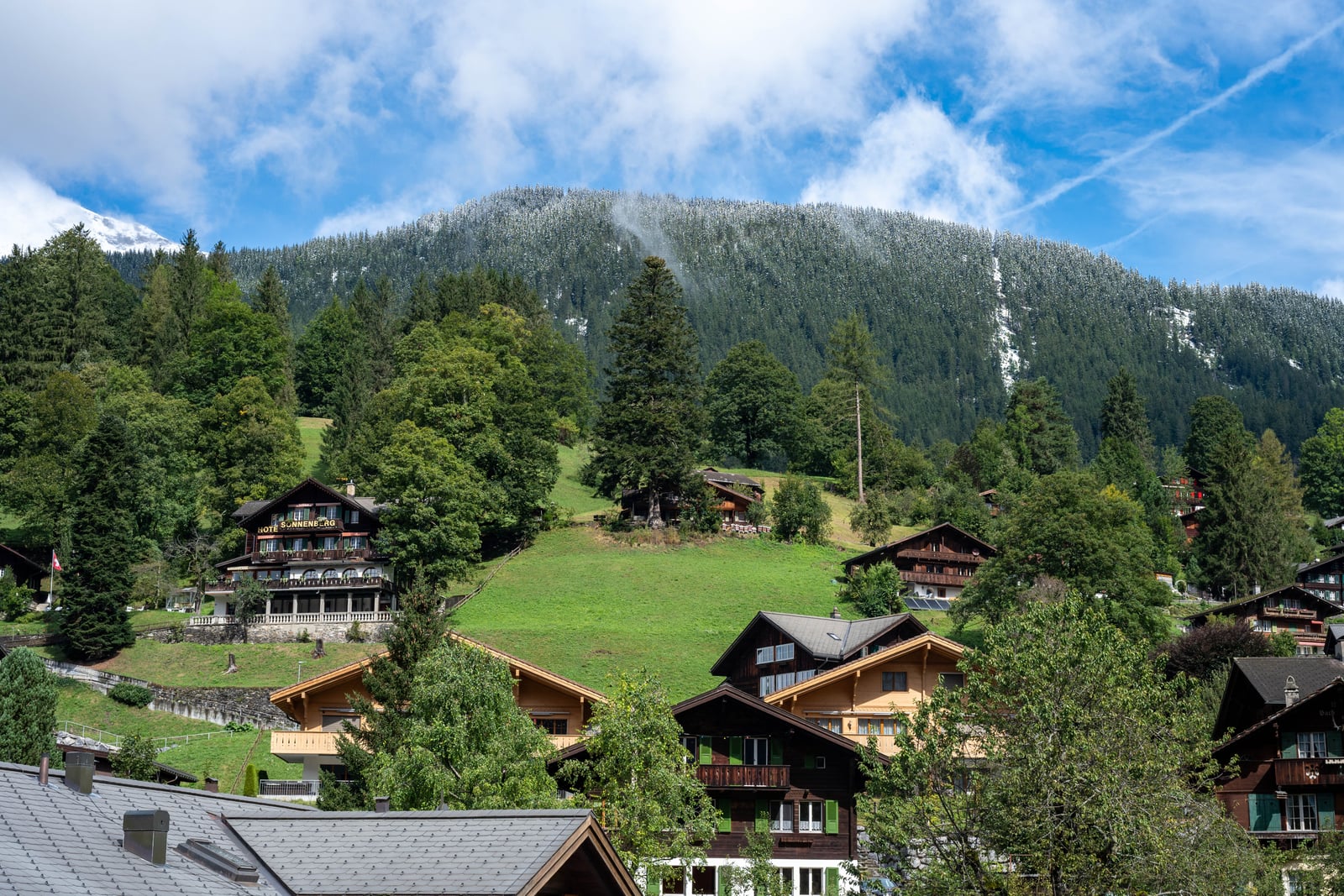 群山環抱的格林德瓦傳統木屋與青翠山坡｜2024/09 瑞士