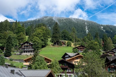 群山環抱的格林德瓦傳統木屋與青翠山坡