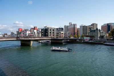 晴空下流經市街的河道與橋梁風光
