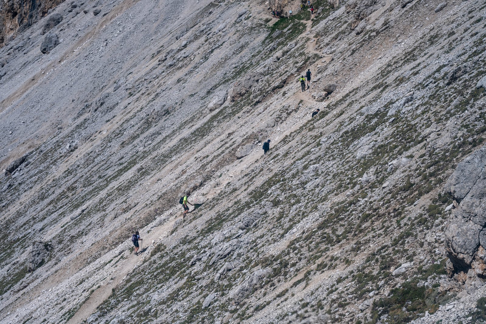 登山客行走在陡峭山徑與碎石坡上｜2026/06 阿爾卑斯山脈之多洛米堤