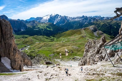 薩索倫戈山口高山纜車與山谷風光