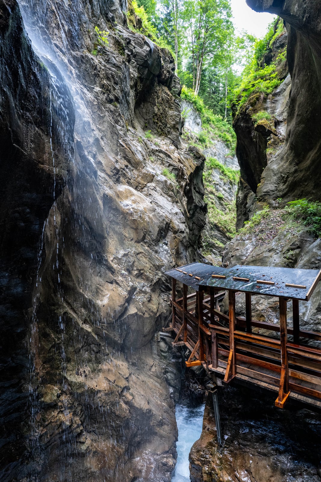 險峻峽谷中的木造步道與飛瀑景致｜2026/06 阿爾卑斯山脈之德奧邊境
