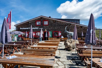 晴空下高山木造餐廳的戶外木製桌椅與岩石雕像
