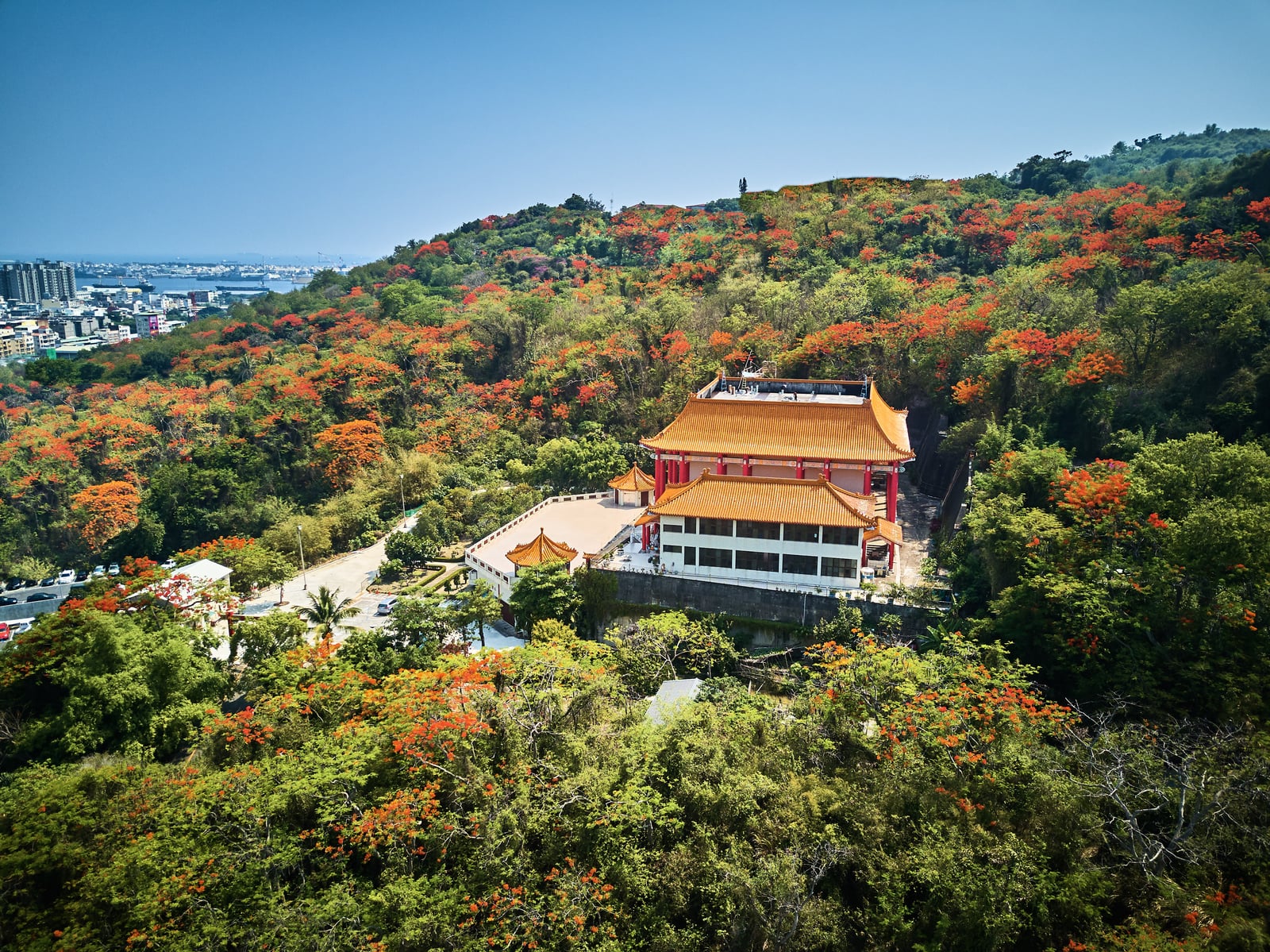 繁茂綠林中點綴著紅黃花海的寺廟建築景觀｜國內本島（南部）